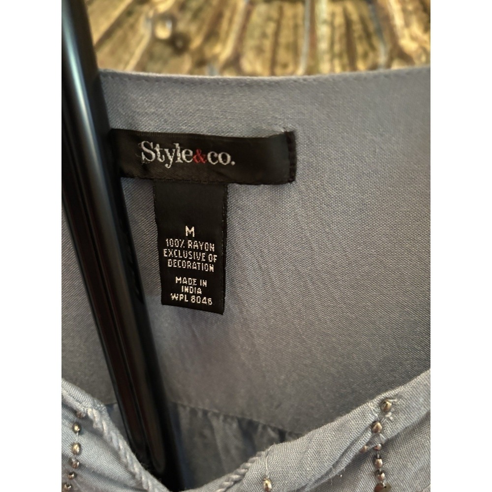 Style & Co. Embroidered Boho Blouse M – Blue Rayon Long Sleeve Peasant Top India - Picture 5 of 9